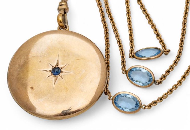 14k gold chain with blue crystals and locket
