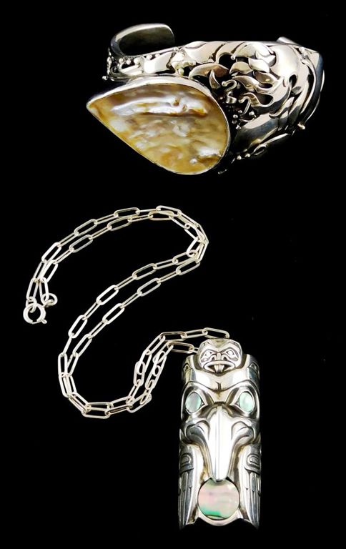 Sterling silver and mother-of-pearl pendant necklace and cuff bracelet