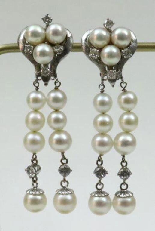 14k gold pearl and diamond dangle earrings