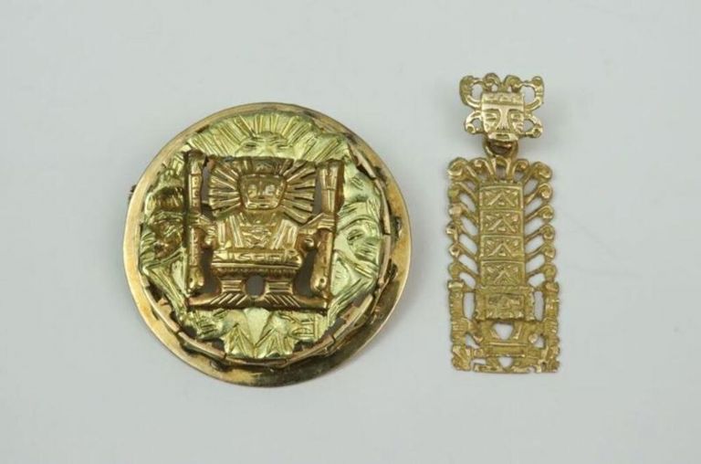 Mayan style gold pendant and pin