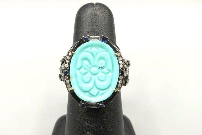 18k gold turquoise, onyx, sapphire and diamond ring