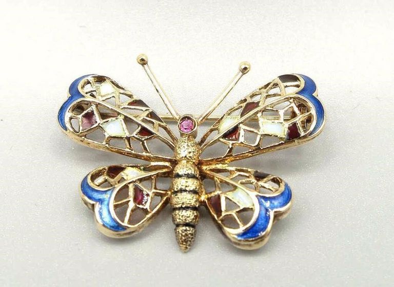 14k yellow gold ruby and enamel butterfly brooch