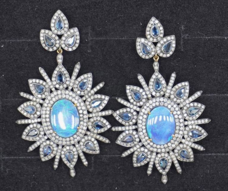 18k gold and silver diamond, sapphire and opal earrings