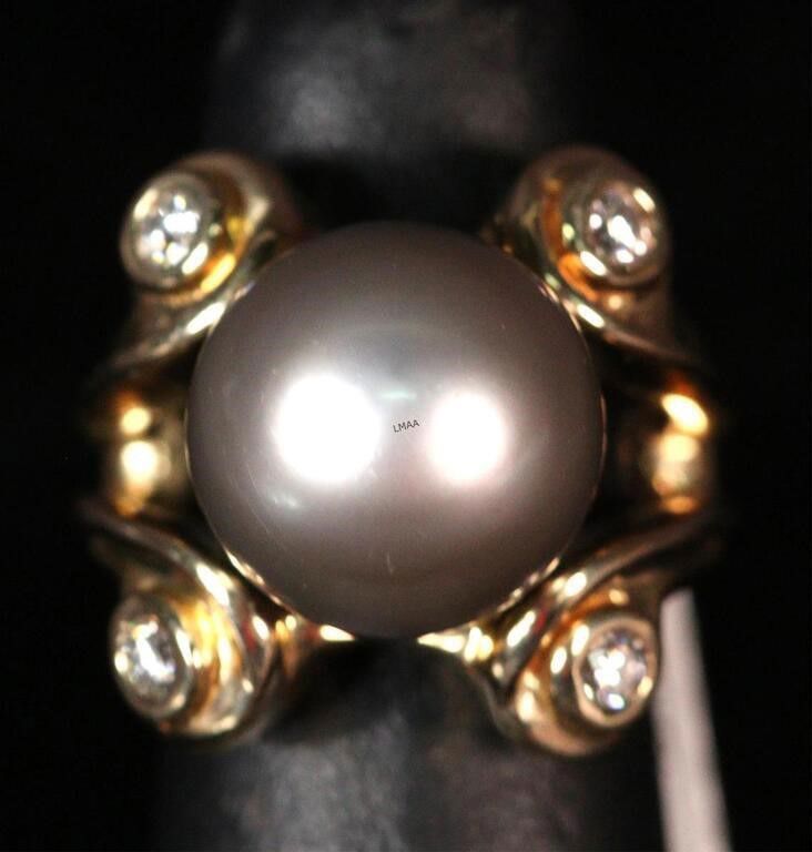 14k yellow gold pearl and diamond ring
