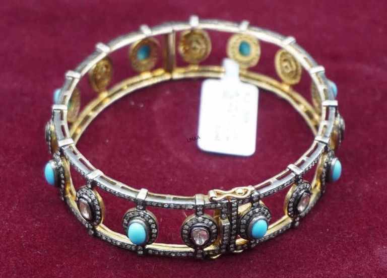 18k gold and silver diamond and turquoise bracelet