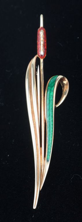14k yellow gold enamel cattail brooch