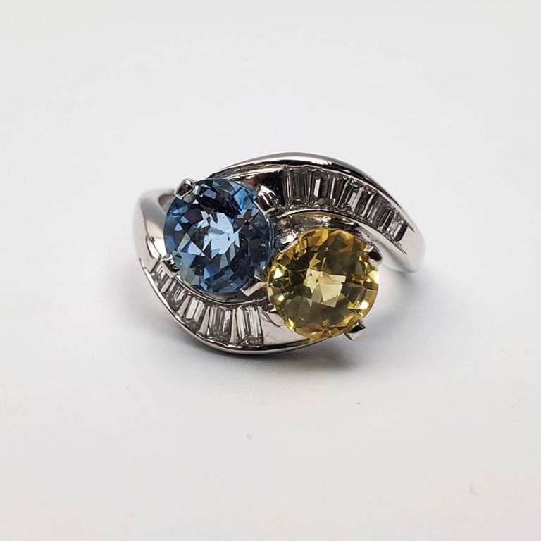 Platinum yellow sapphire and aquamarine bypass ring