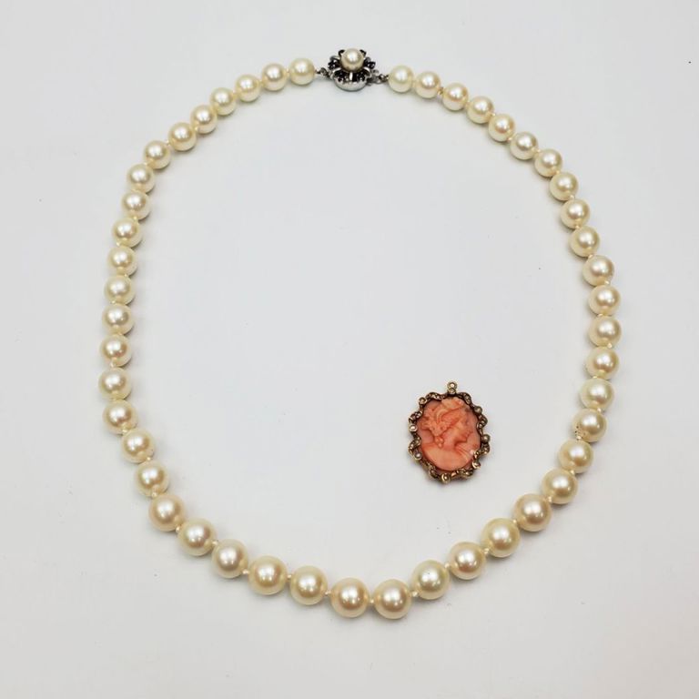 14k gold coral cameo brooch and pearl necklace