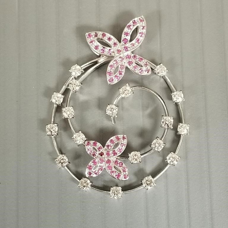 14k white gold diamond and pink stone pendant