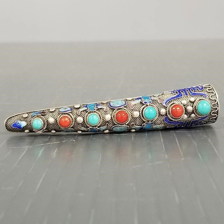 Silver enamel fingernail guard brooch