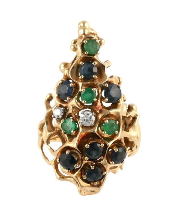 14k yellow gold diamond, emerald and sapphire ring