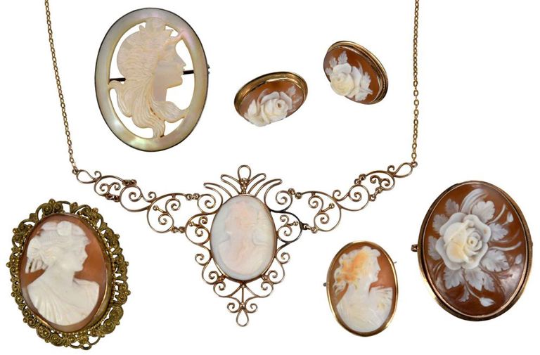 Cameo brooches, earrings and necklace set