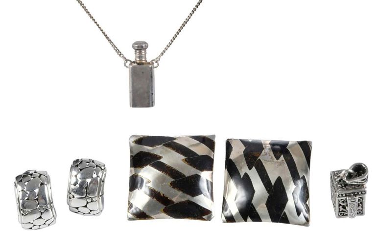 Sterling silver earrings, charm and scent bottle necklace