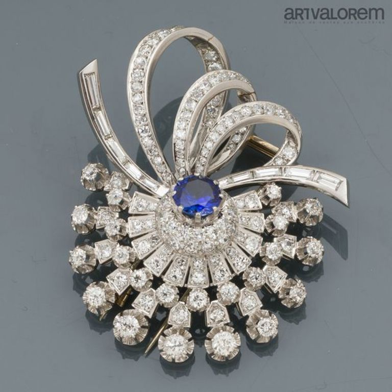 Platinum diamond sapphire brooch