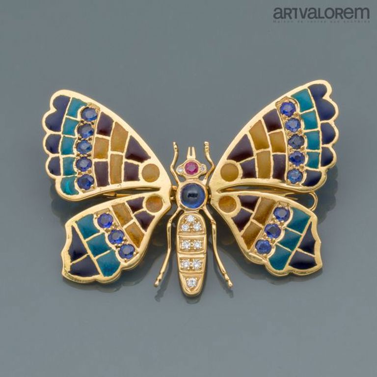 18k gold sapphire ruby and diamond butterfly brooch