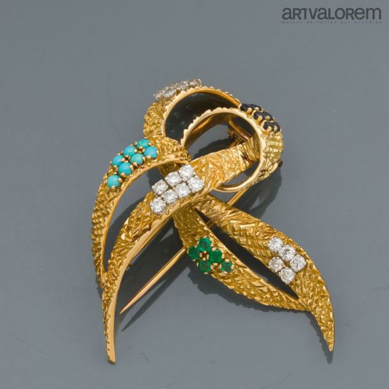 18k gold turquoise and gemstone knot brooch