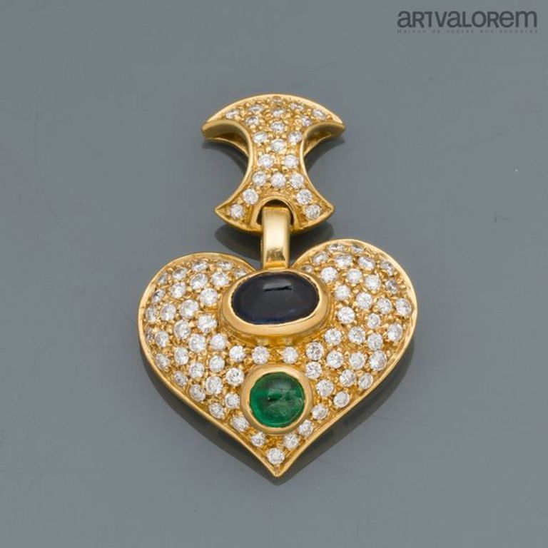 18k gold diamond emerald and sapphire heart pendant