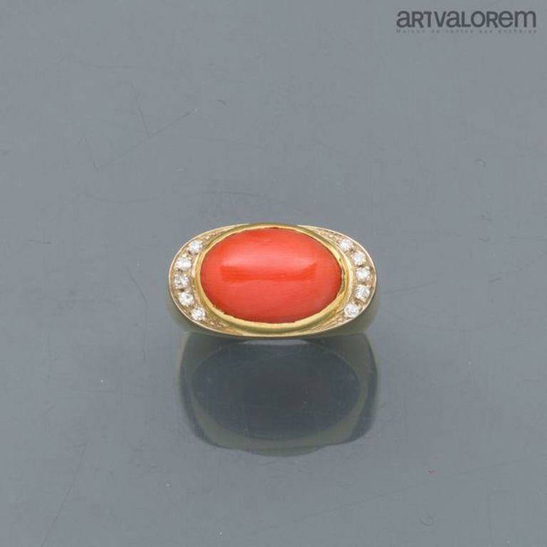 18k gold coral and diamond ring
