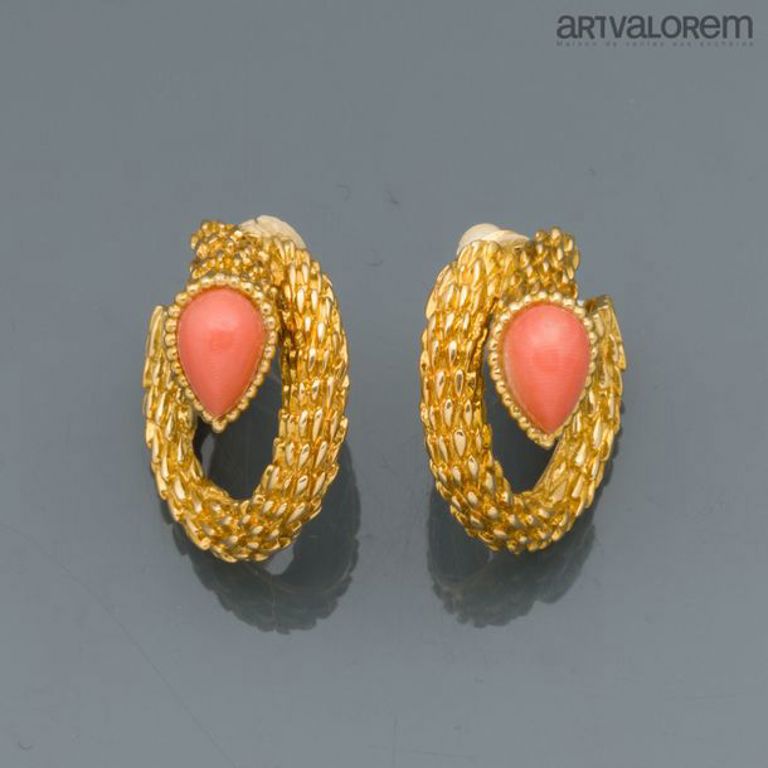 18k gold coral serpent ear clips
