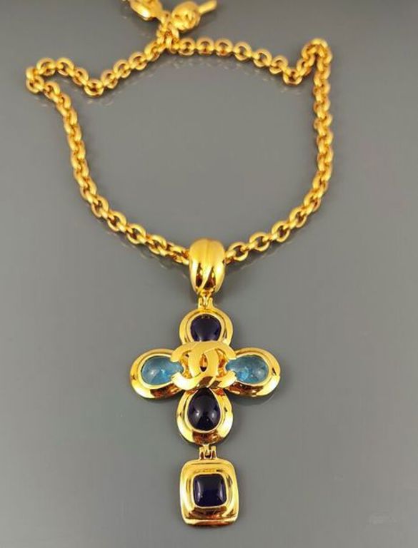 Gilded metal glass cabochon cross necklace