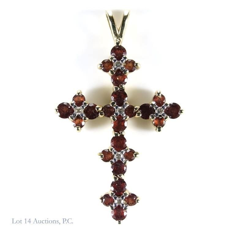 10k yellow gold garnet and diamond cross pendant