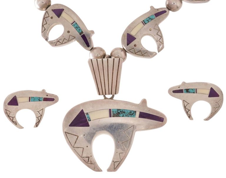 Sterling silver inlay bear necklace set