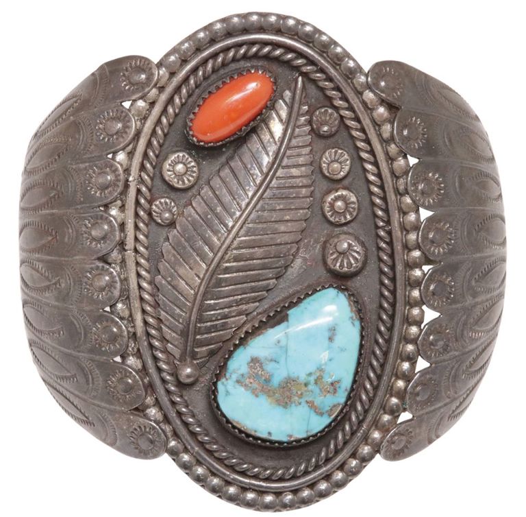Silver turquoise coral cuff bracelet