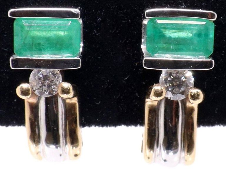 14k two-tone emerald and diamond earrings