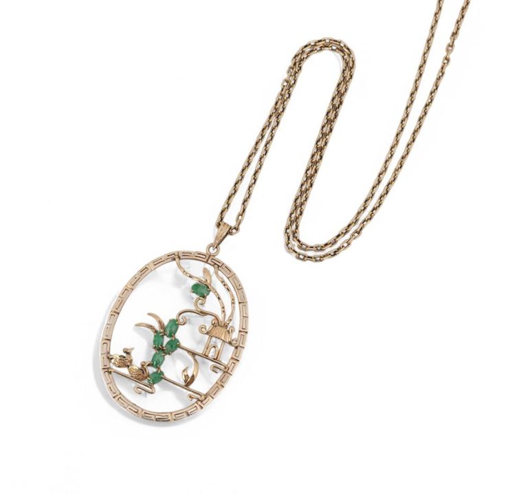 14k gold glass and jade pendant necklace