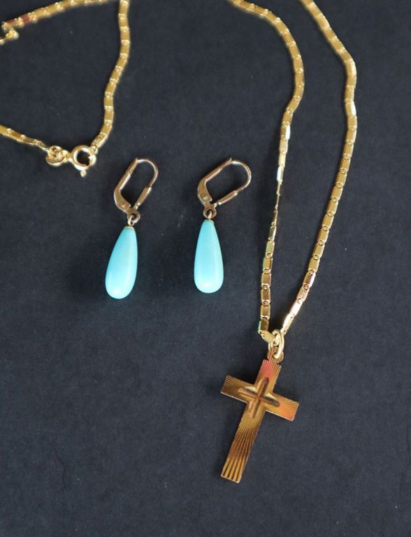 18k yellow gold turquoise jewelry set
