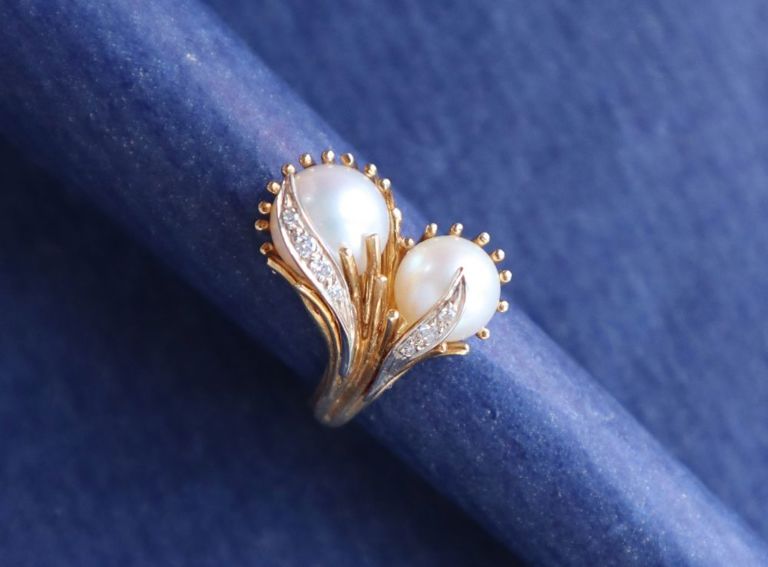 18k yellow gold pearl and diamond ring