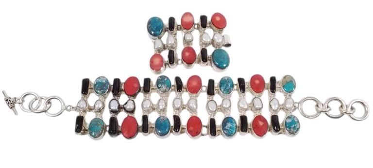 Sterling silver coral and turquoise bracelet