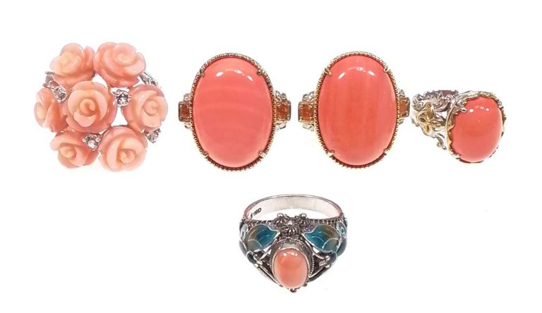 Sterling silver topaz and coral ring set