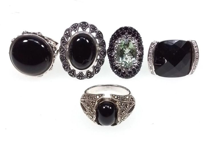 Sterling silver onyx and cubic zirconia ring set