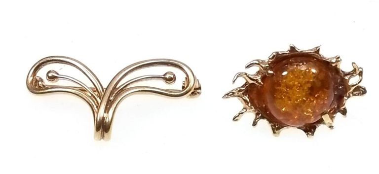 14k gold amber brooch set