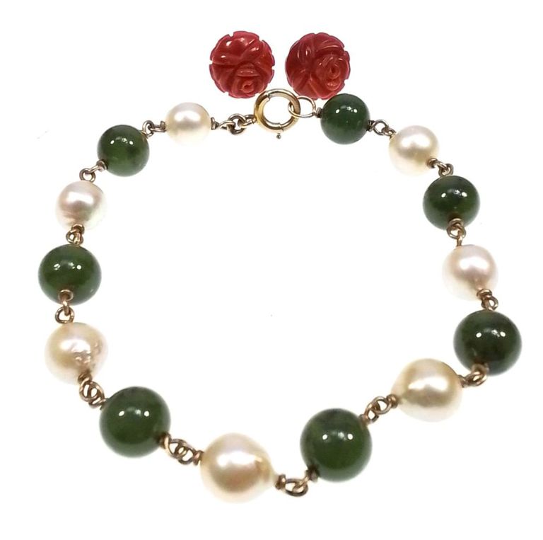 14k gold coral and jade jewelry set