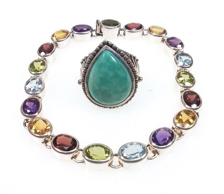 Sterling silver multi-gemstone ring and bracelet set