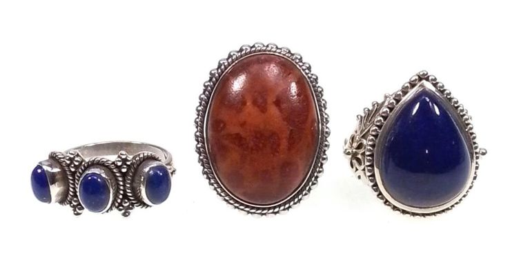 Sterling silver lapis and agate ring set