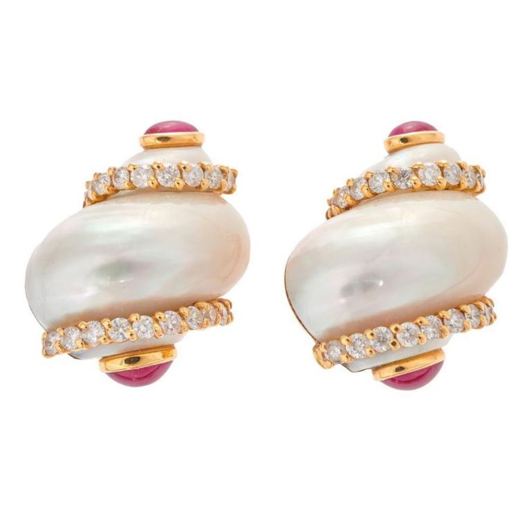 18k gold turbo shell ruby and diamond ear clips