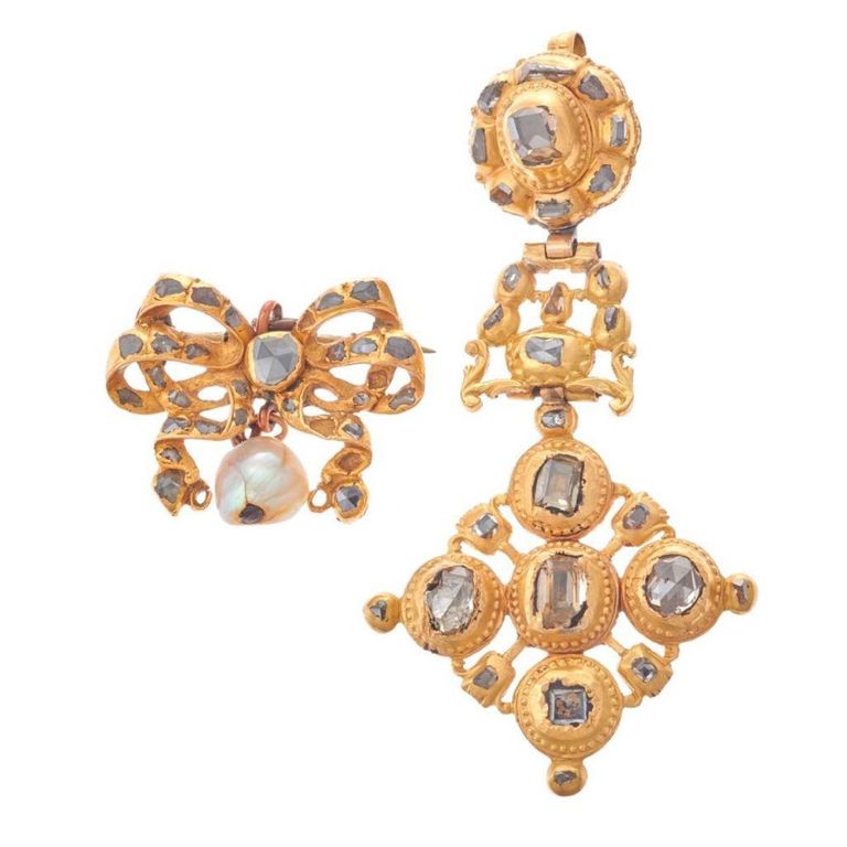 18k gold diamond pearl brooch and pendant set