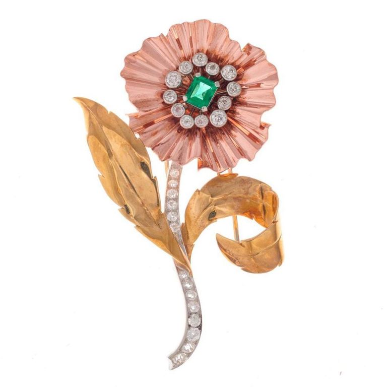 Platinum and gold emerald diamond flower brooch