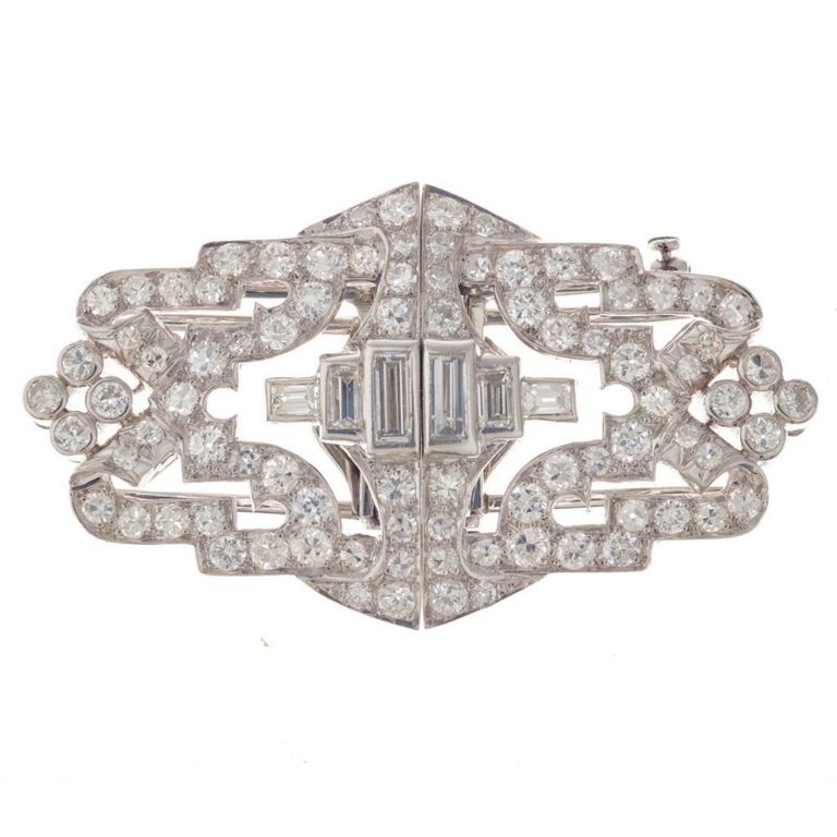Platinum Art Deco diamond double clip brooch