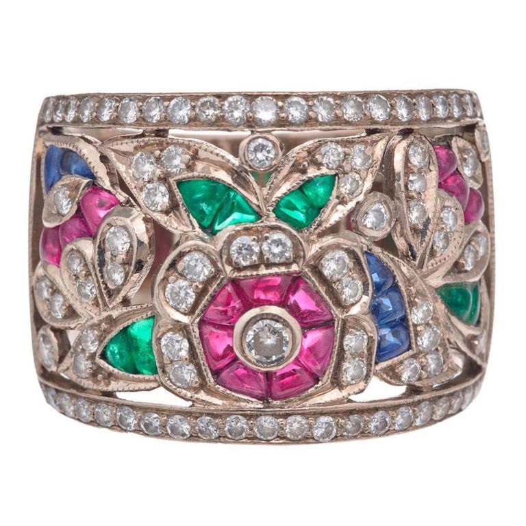 18k white gold tutti frutti diamond ring