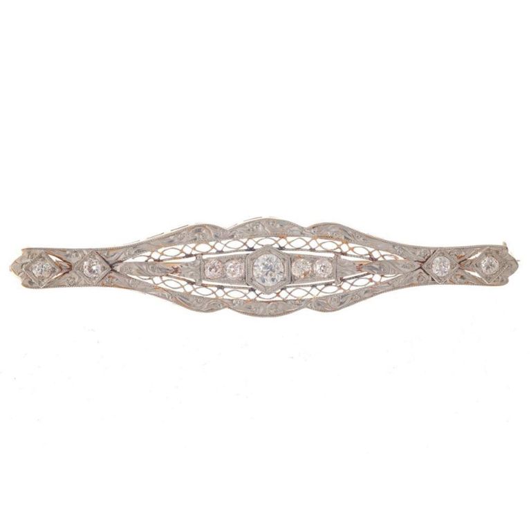 Platinum diamond filigree bar brooch