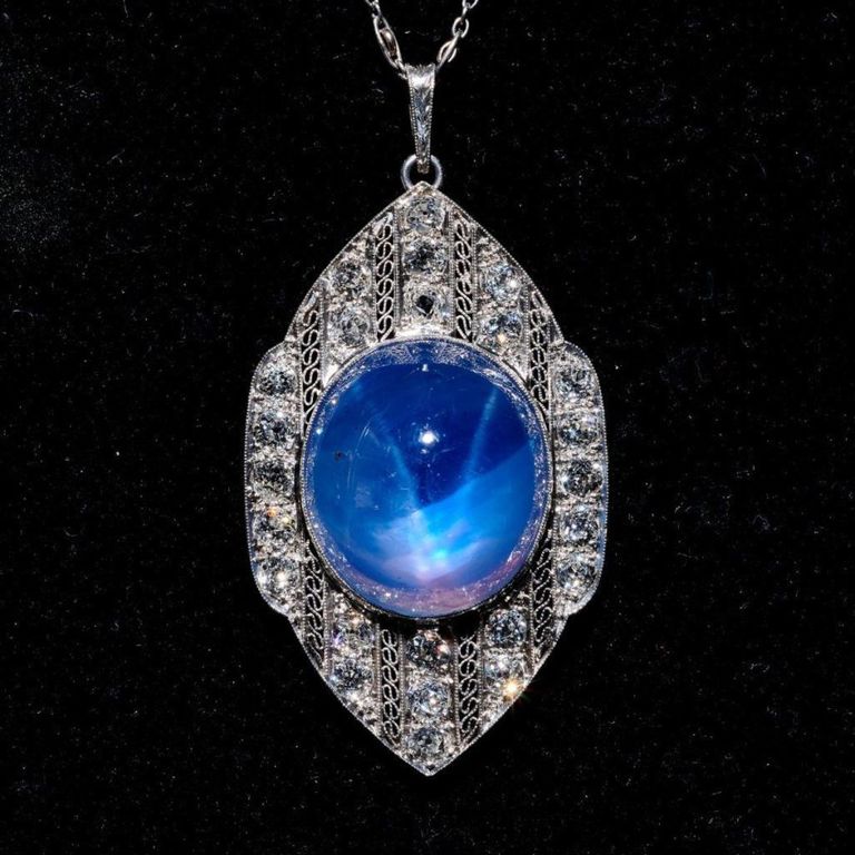 Platinum star sapphire and diamond pendant necklace