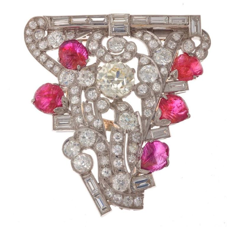 Platinum ruby and diamond clip brooch