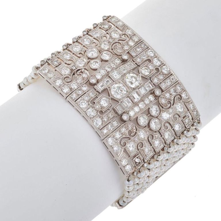 Platinum and white gold diamond seed pearl bracelet