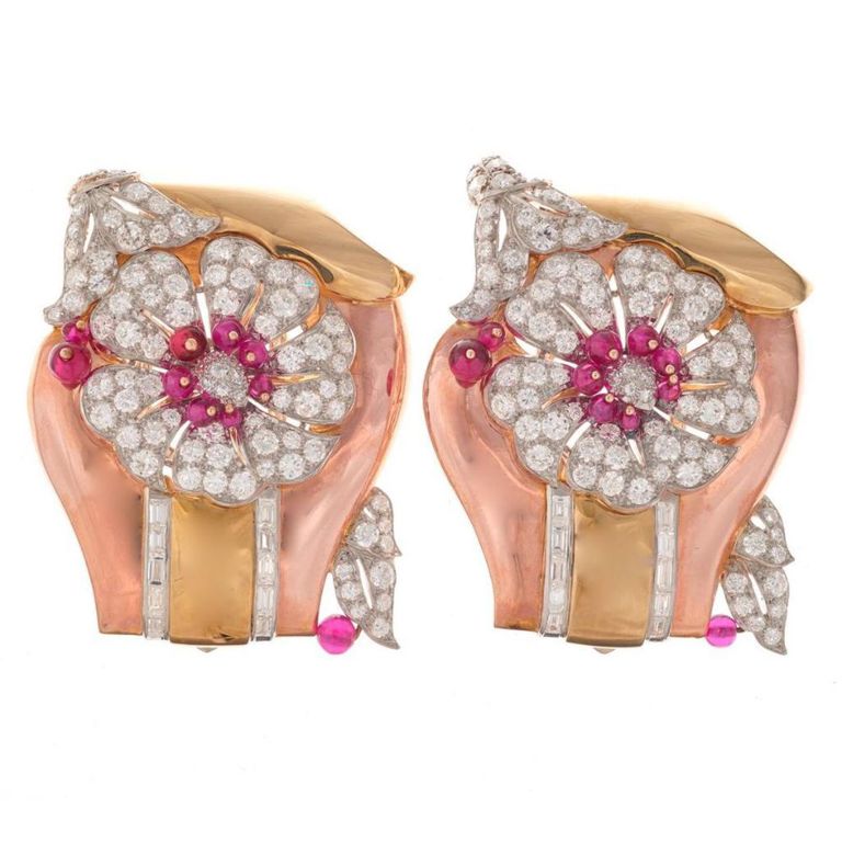 14k gold retro ruby and diamond brooch set