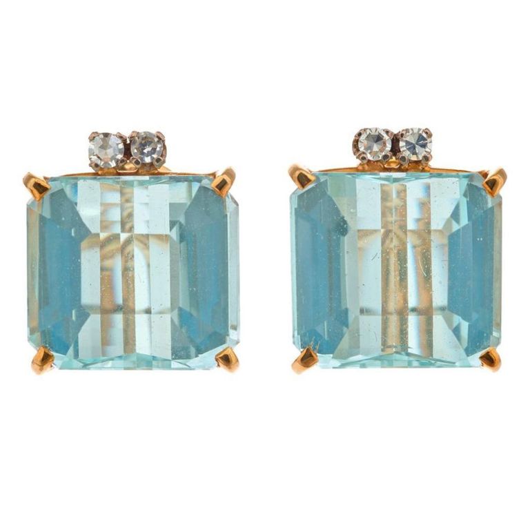 18k gold aquamarine and diamond ear clips