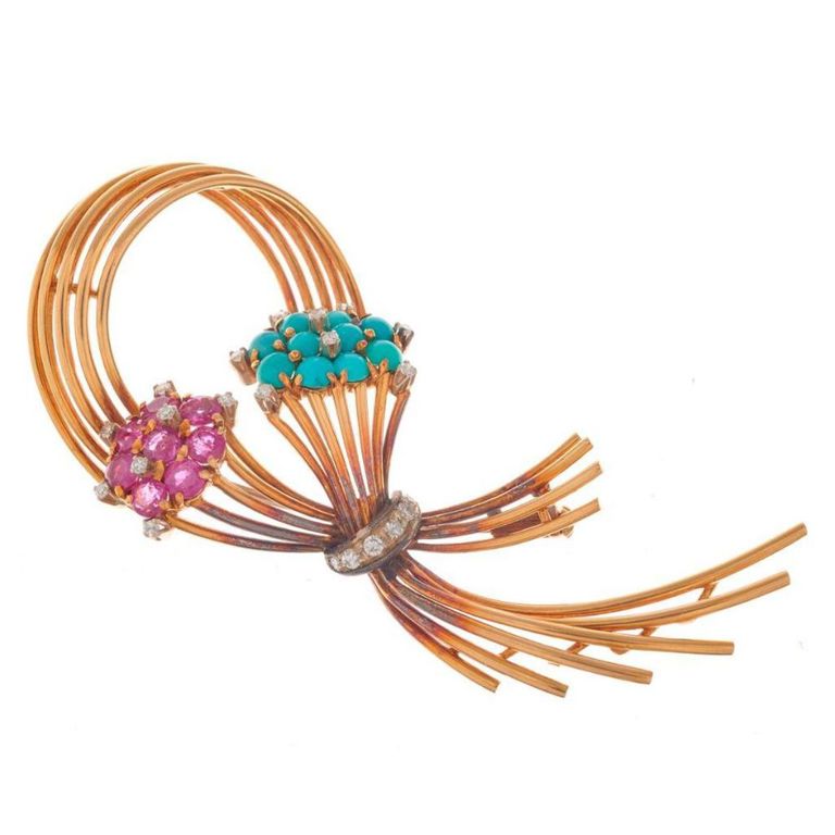 18k gold ruby turquoise and diamond brooch